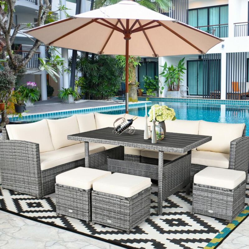 Hivvago 7 Pieces Outdoor Wicker Sectional Sofa Set with Dining Table