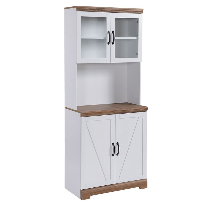 White Kitchen Storage: 70" Farmhouse Buffet with Hutch & Glass Doors