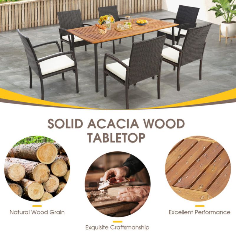 Hivvago Patio Acacia Wood Dining Table with Umbrella Hole and Metal Legs