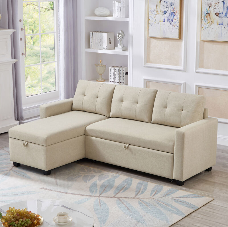 Merax Upholstered Pull Out Sectional Sofa with Storage Chaise