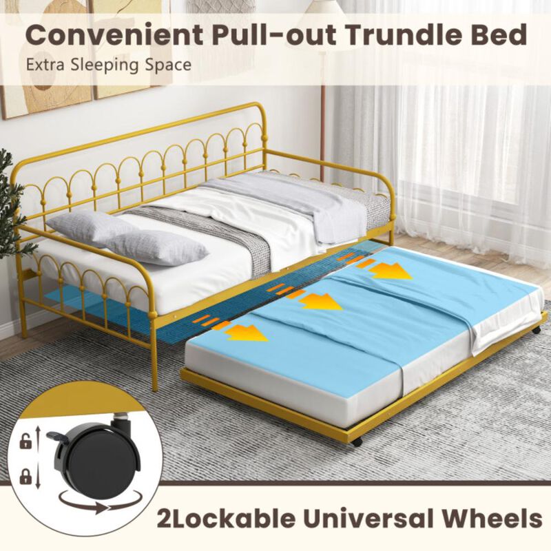Hivvago Twin Size Golden Metal Daybed with Trundle and Lockable Wheels