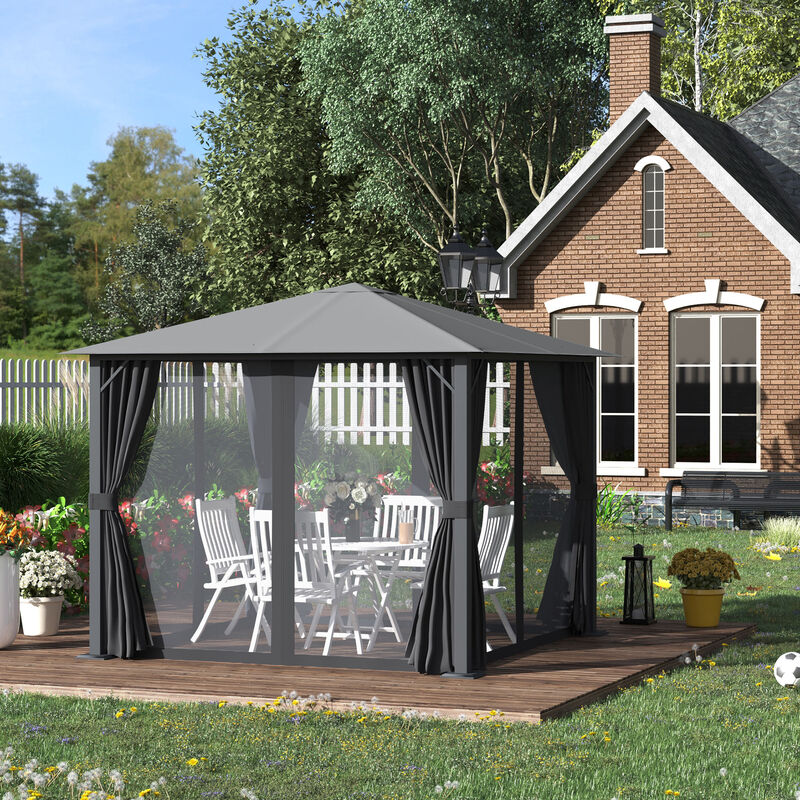 10'x10' Outdoor Patio Soft Top Canopy Gazebo Tent w/ Side Curtains, Dark Grey