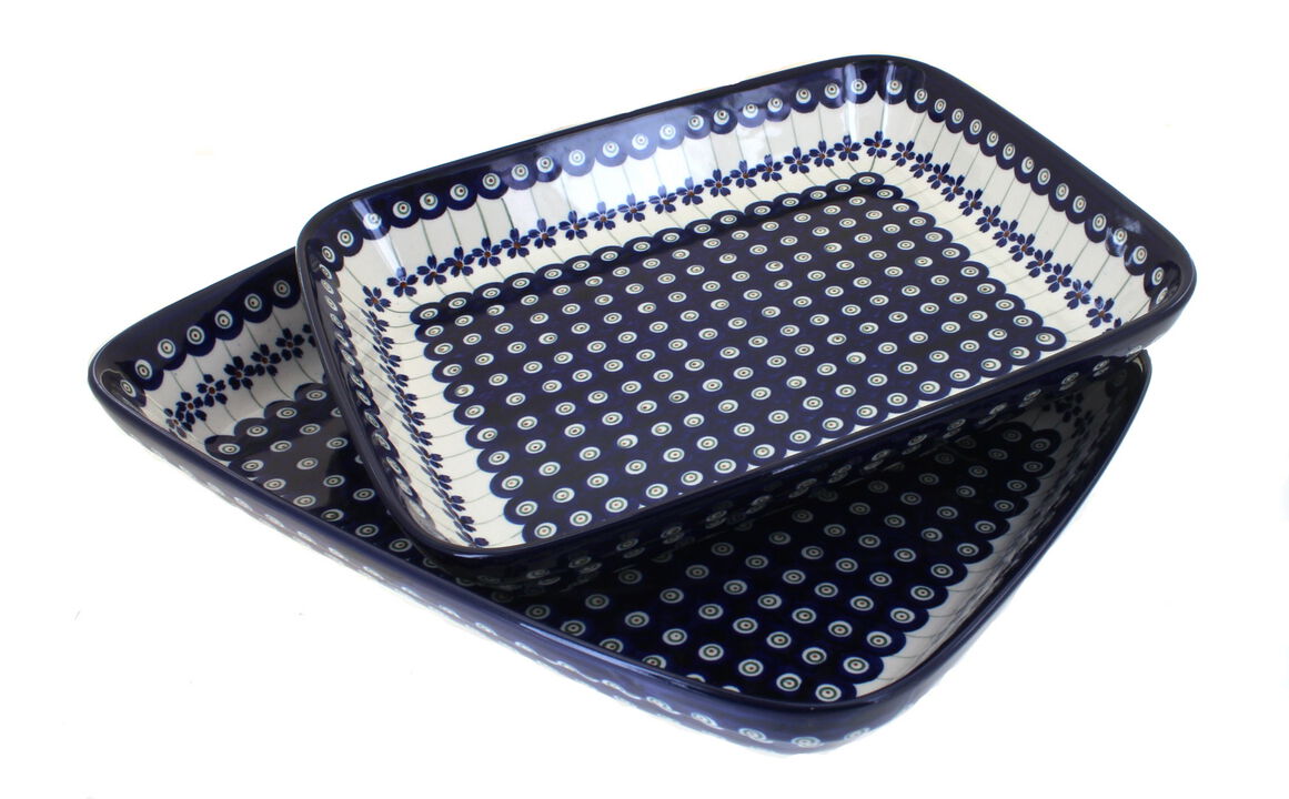 Blue Rose Polish Pottery Mosaic Flower Rectangular Baker Set