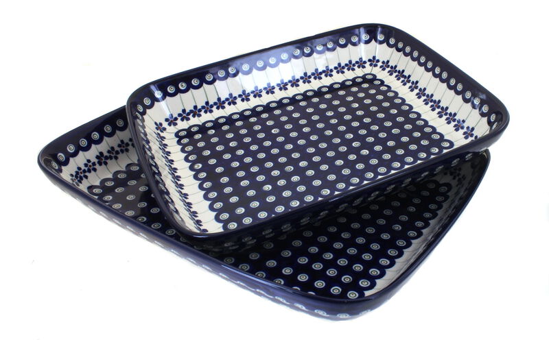 Blue Rose Polish Pottery Mosaic Flower Rectangular Baker Set