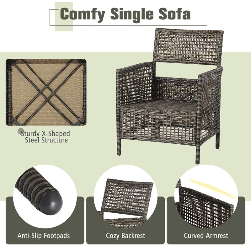 3 Pieces Patio Rattan Conversation Sets with Cushioned Sofas and Wood Table Top