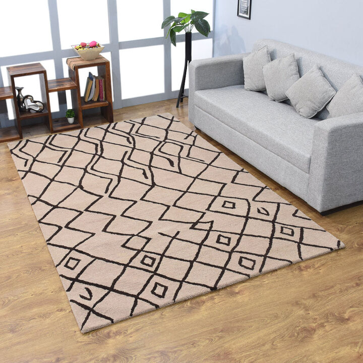 RUGSOTIC CARPETS HAND TUFTED WOOL ECO-FRIENDLY AREA RUGS  - 5'x8', Rectangle Shape, Beige & Brown, Geometric Modern Design, High Pile Handmade Area Rugs for Living Room, Bed Room (K00S11)