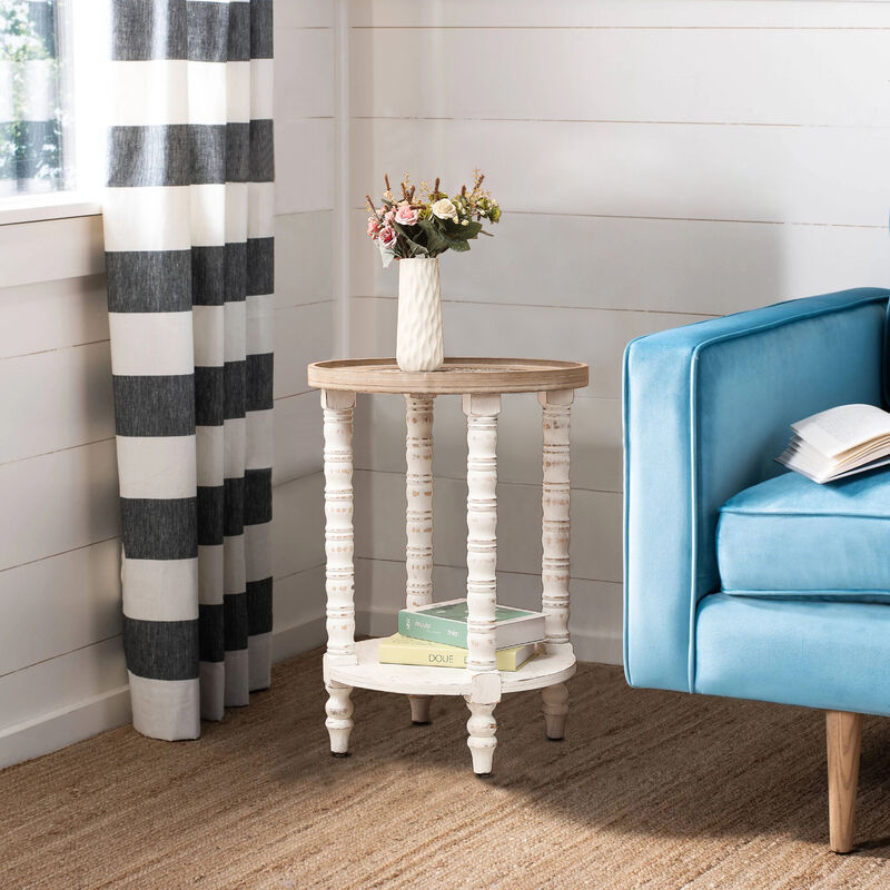 LuxenHome White and Natural Wood Round Accent Side Table with Storage