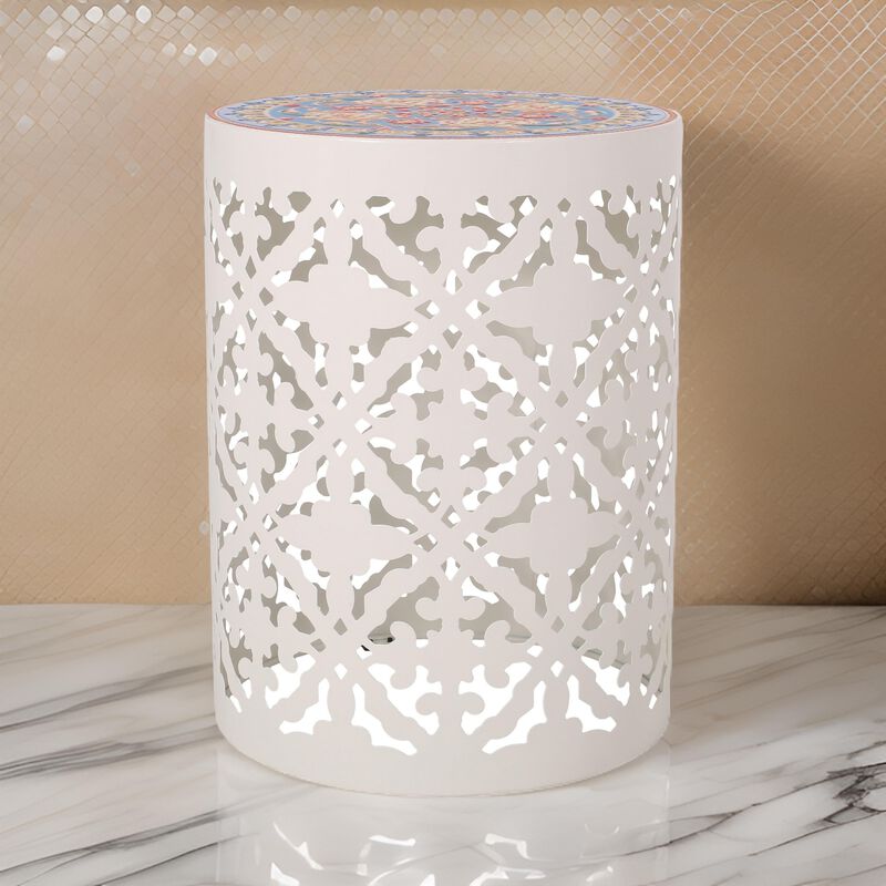 Riki Side End Table, 14 Inch, Mosaic Tile Rattan, White Lace Cut Metal - Benzara