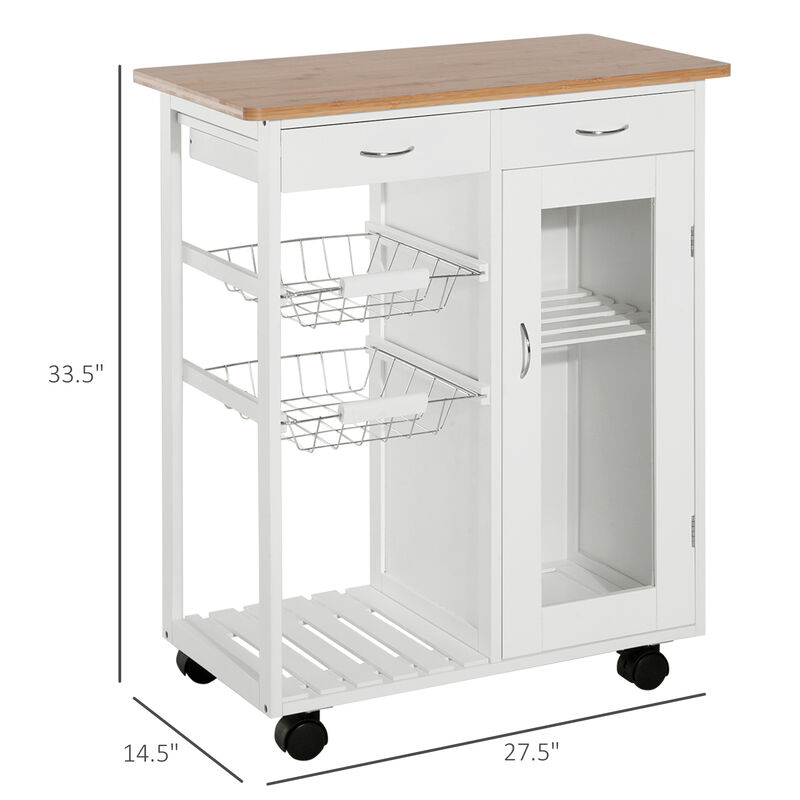 Rolling Kitchen Trolley Cart Bamboo Storage Cabinet Wire Basket Drawer
