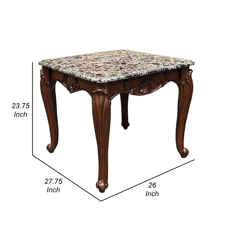 Aliya Side End Table, Rectangular 28 Inch Marble, Cherry Brown Wood - Benzara