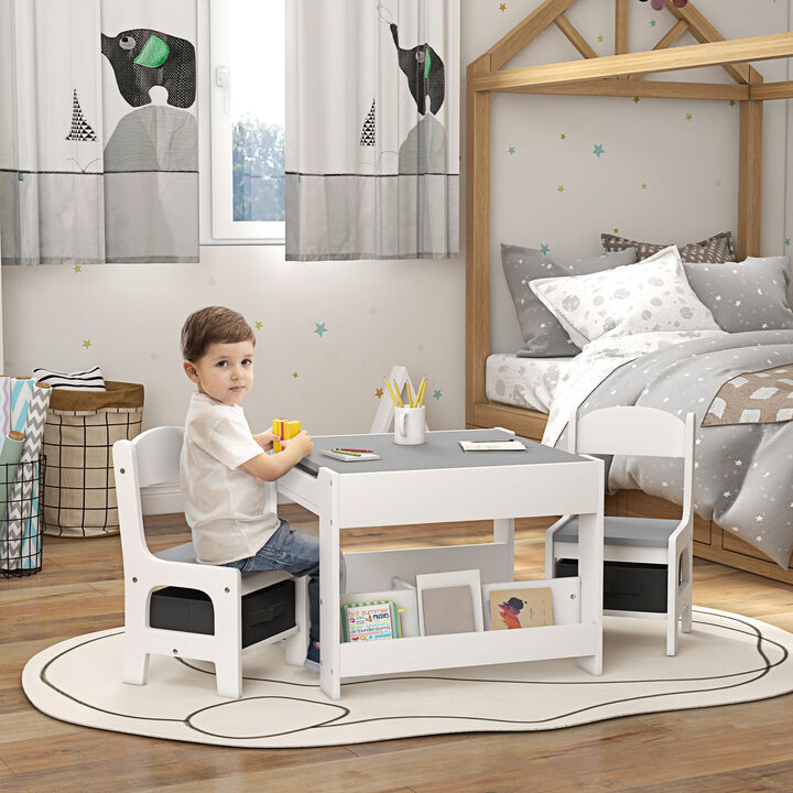 Qaba 3 Piece Kids Table and Chair Set, 3 in 1 Toddler Wooden Activity Table with Reversible Tabletop Blackboard, Storage & Bookshelves for Playroom, Nursery, Natural