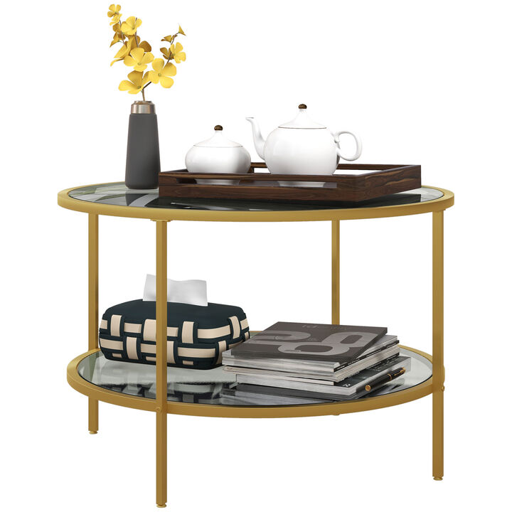 HOMCOM Round Side Table with Storage, 2-Tier End Table Tempered Glass Top