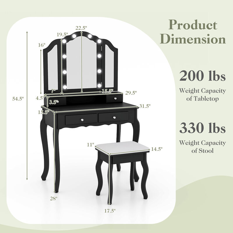 Makeup Vanity Table Set with Lighted Mirror and Drawers