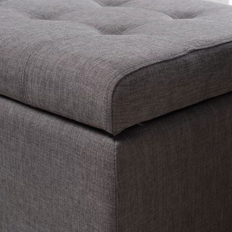 Nira Storage Ottoman Bench, Button Tufted Dark Gray Fabric, 51 Inch - Benzara