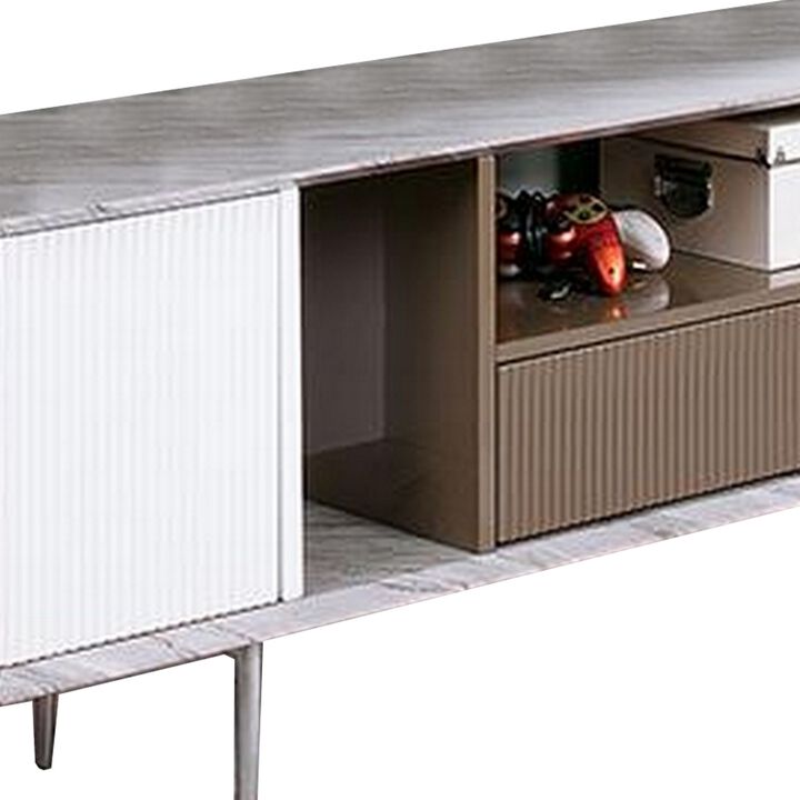 70 Inch TV Entertainment Console, 1 Drawer, Shelves, White, Brown, Gray - Benzara
