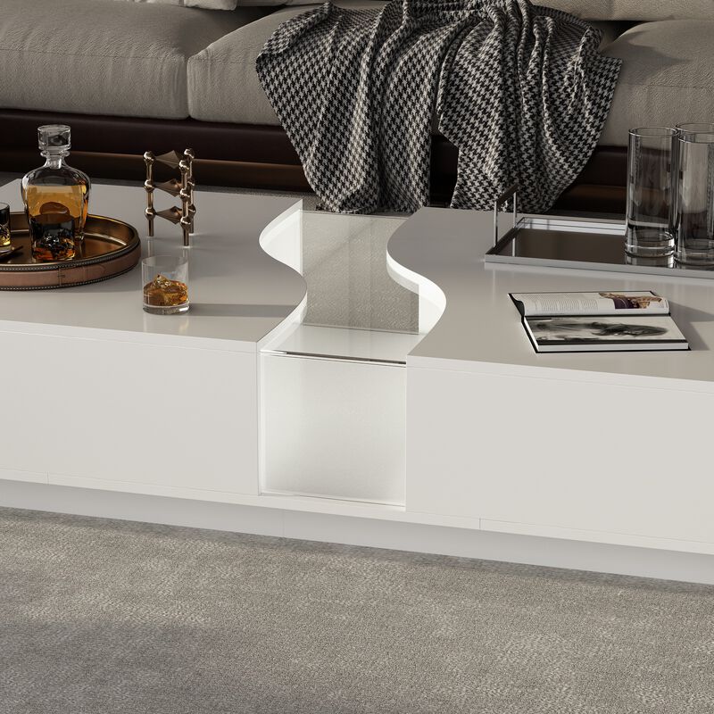 55.1 in. W White Rectangle Wooden End Table, Side Table, Coffee Table with 2-Drawers and Visable Decored Light