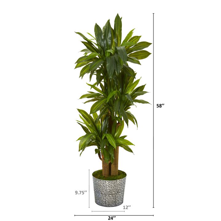 Hivvago 58" Corn Stalk Dracaena Artificial Plant in Black Embossed Tin Planter (Real Touch)