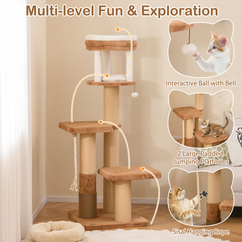 Tall Cat Tree with Self-groomer and Removable Cat Bed