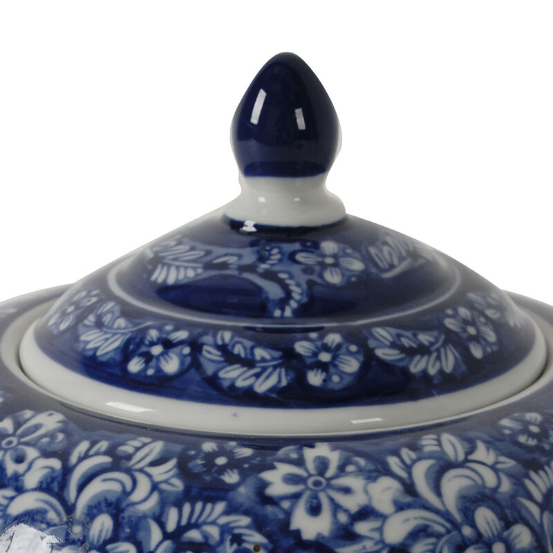 10 Inch Lidded Jar, Curved Round Persian Floral Print, Blue Porcelain - Benzara