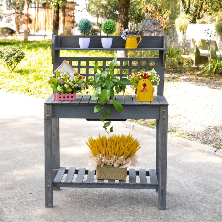 Gray Outdoor Workbench: Wooden Potting Station with Expandable Top