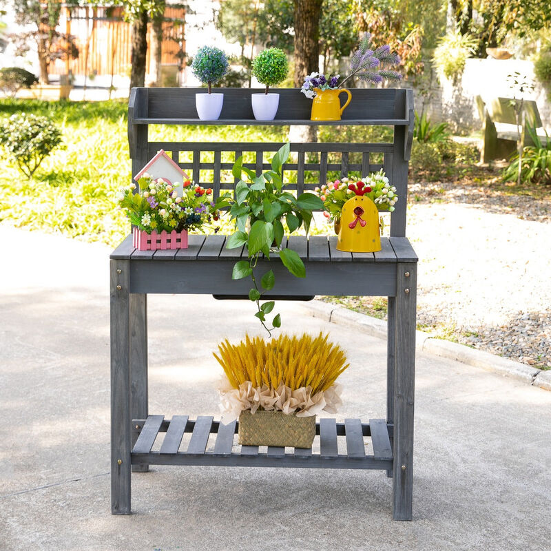 Gray Outdoor Workbench: Wooden Potting Station with Expandable Top