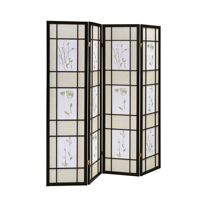 4 Panel Screen with Floral Print Detailing and Wooden Frame, Black-Benzara