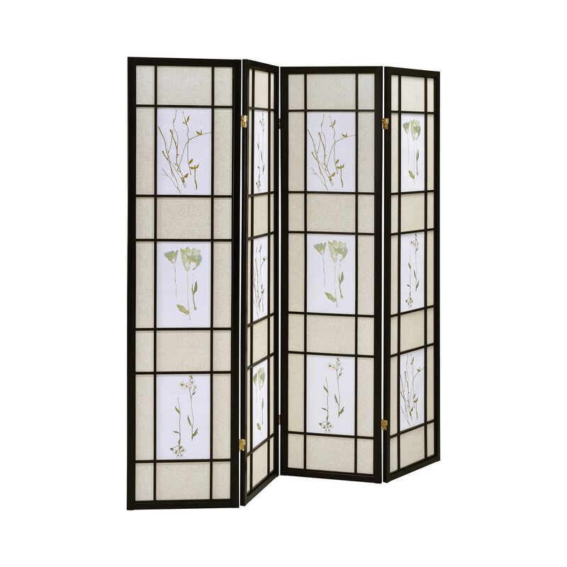4 Panel Screen with Floral Print Detailing and Wooden Frame, Black-Benzara