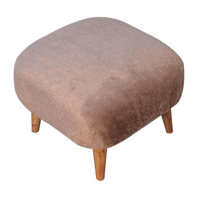 Mocha Faux Fur Upholstered Solid Wood Square Stool