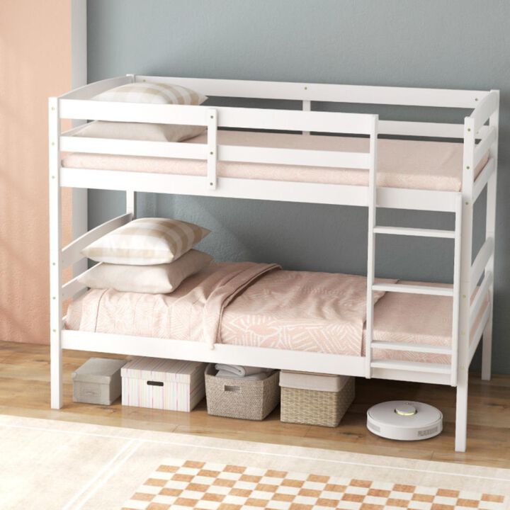 Hivvago Solid Wood Twin Over Twin Bunk Bed Frame with High Guardrails and Integrated Ladder