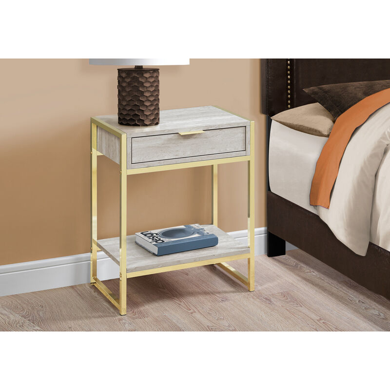 Monarch Specialties I 3483 Accent Table, Side, End, Nightstand, Lamp, Storage Drawer, Living Room, Bedroom, Metal, Laminate, Beige Marble Look, Gold, Contemporary, Modern