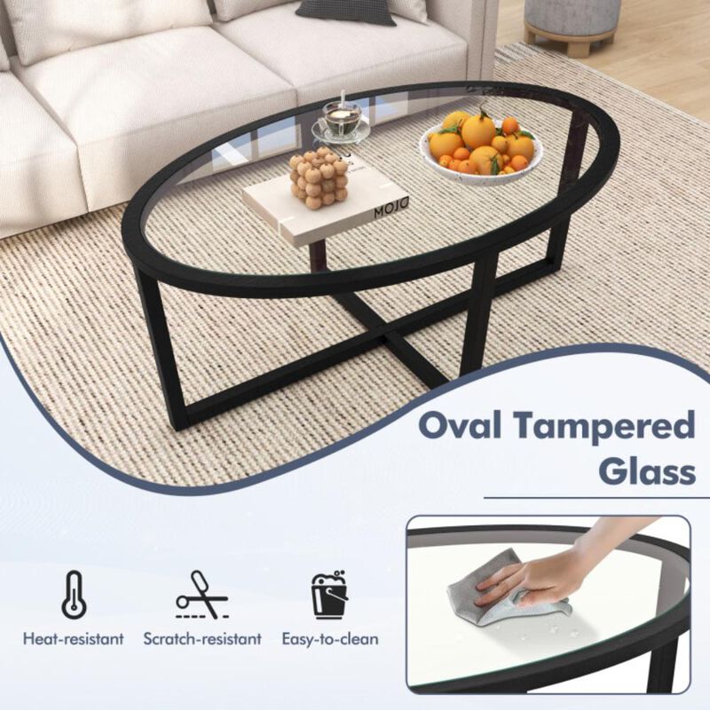 Hivvago Glass Coffee Table Oval Living Room Table with Cross Base and Acacia Wood Legs