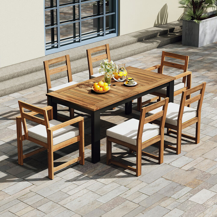 Whisen 7 Piece Patio Table and Chairs Set, Wood Dining Set with Umbrella Hole, 2 Armchairs & 4 Side Chairs