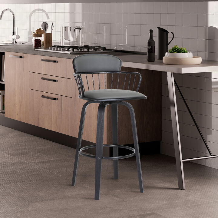 Willow Swivel Black Wood Counter Stool in Grey Faux Leather with Black Metal