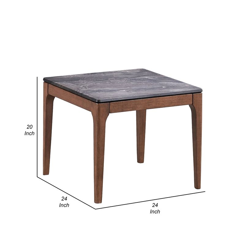 Evis Side End Table, 24 Inch Square Gray Faux Stone Top, Brown Wood - Benzara