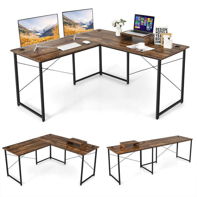 95 Inch 2-Person L-Shaped Long Reversible Computer Desk with Monitor Stand