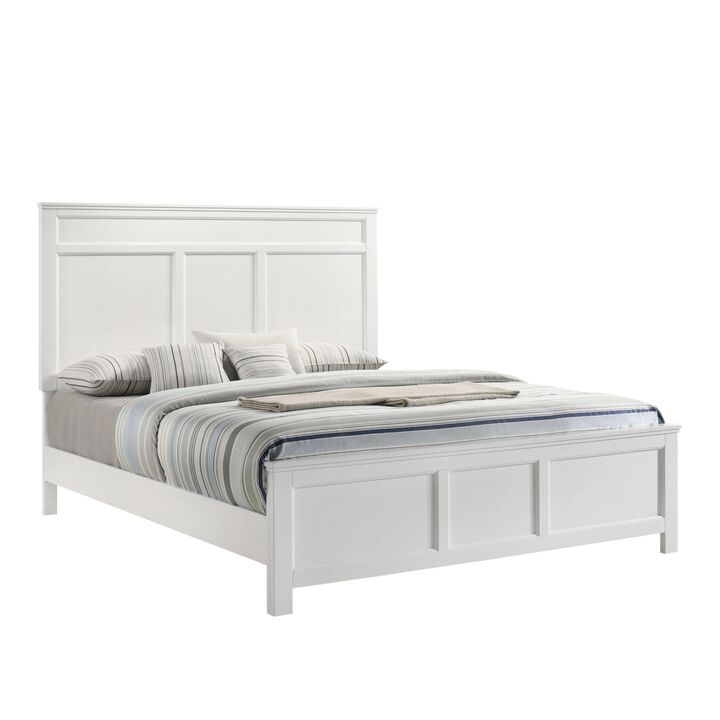 Aver Queen Size Bed, Transitional Carved Panel Design, White Wood Finish - Benzara