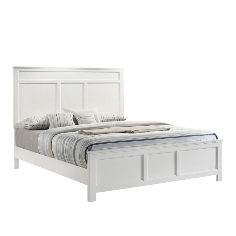 Aver Queen Size Bed, Transitional Carved Panel Design, White Wood Finish - Benzara