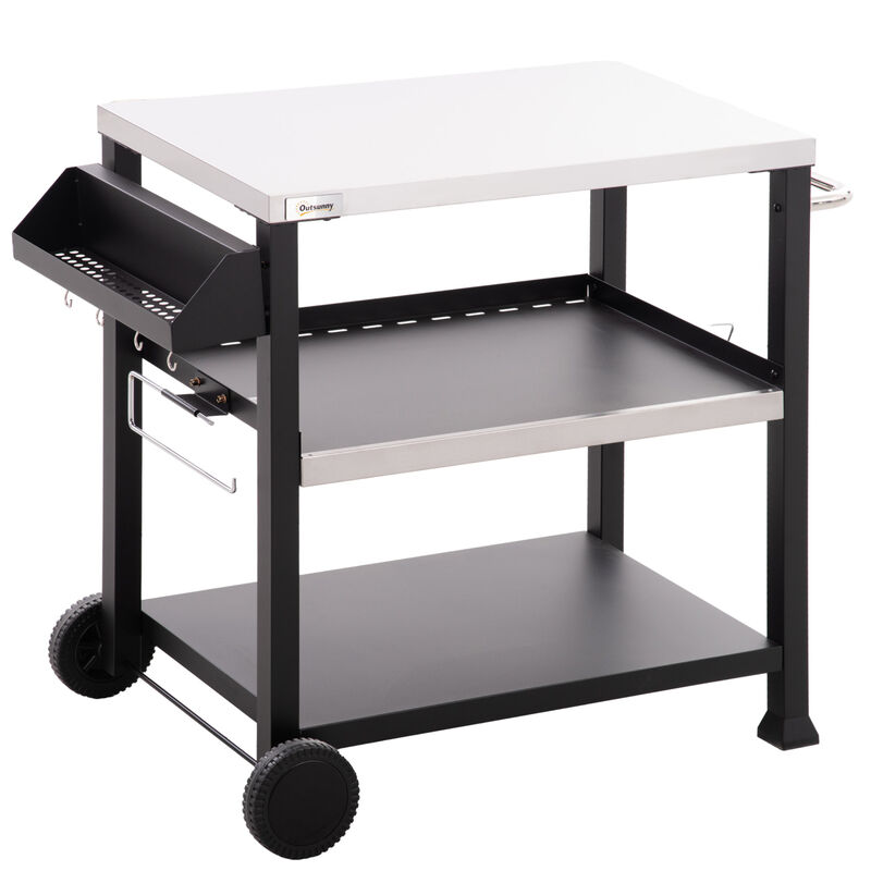 Movable Stainless Steel 3-Shelf Outdoor Grill Cart w/ Side Handle