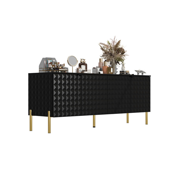 FUFU&GAGA Modern Black Storage Cabinet with Gold Legs, P2 MDF, with Textured Doors and Adjustable Shelves (55.3" W x 21.9" H x 15.7" D), Black