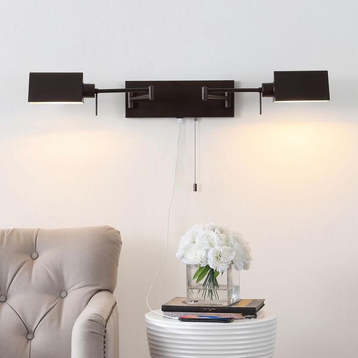 Arlo 54" 2-Light Farmhouse Industrial Double Swing Arm Iron LED Wall Sconce with Pull-Chain USB Charging Port