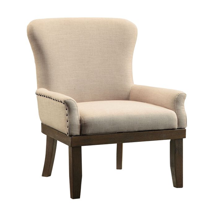 Wooden Arm Chair with Wing Back and Nailhead Trims, Beige and Brown-Benzara