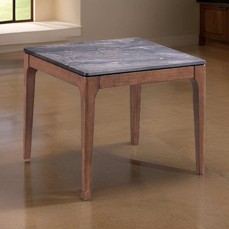 Evis Side End Table, 24 Inch Square Gray Faux Stone Top, Brown Wood - Benzara