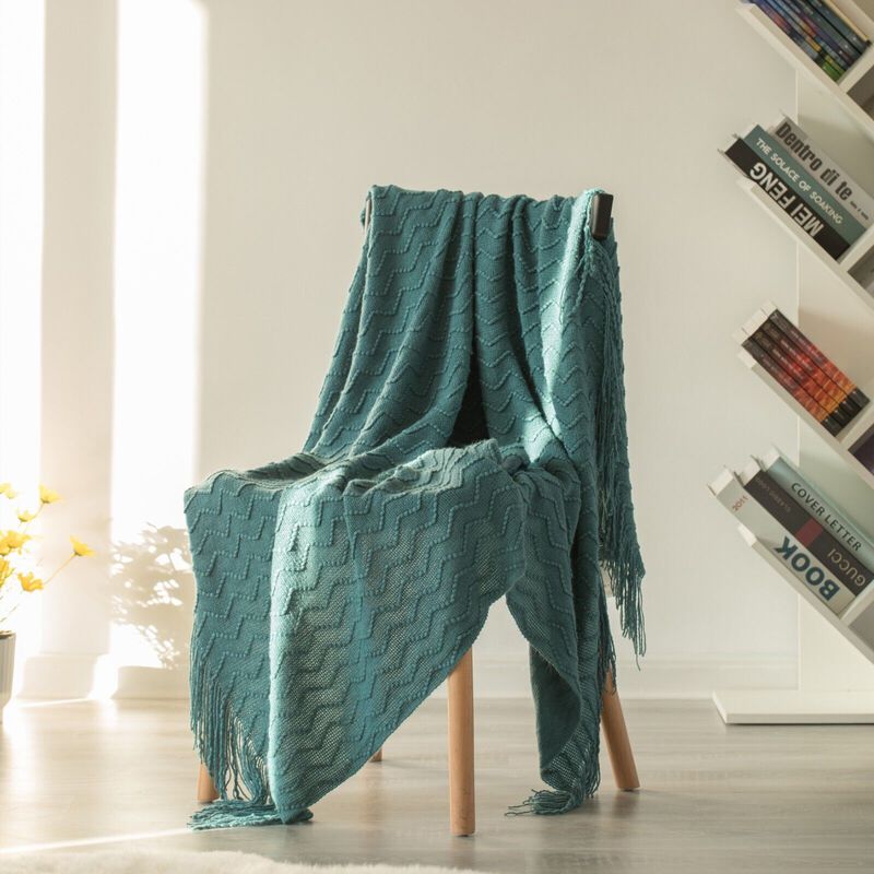 Decorative Chevron Pattern Knit Throw Blanket, 50x60 in, Made with Premium Yarns, Finished with Chic Fringe Details - Red, Lightweight, Breathable, Easy Care
