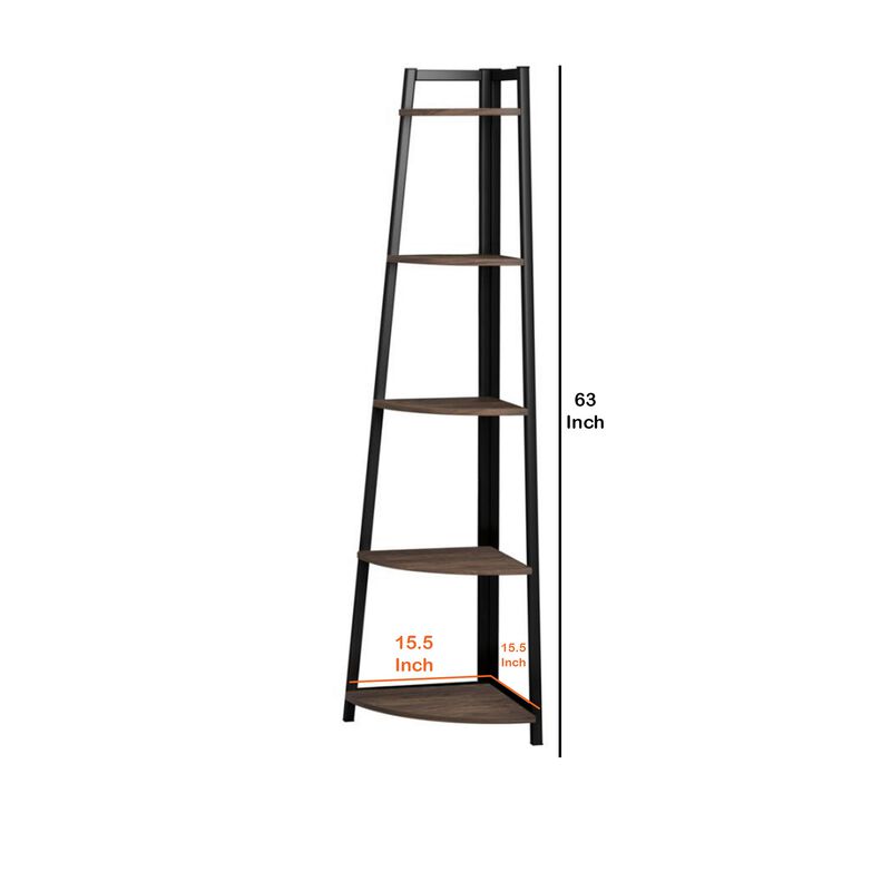 5 Tier Wooden Corner Bookcase with Metal Frame, Brown and Black-Benzara