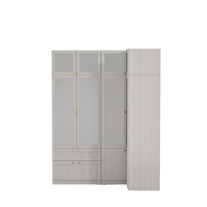 FUFU&GAGA Modern Glass Door Wardrobe with Frosted Panels, Gold Handles, 2 Drawers and Hanging Rod–Customizable Closet Organizer, (67" L x 35.4" W x 86.6" H),White