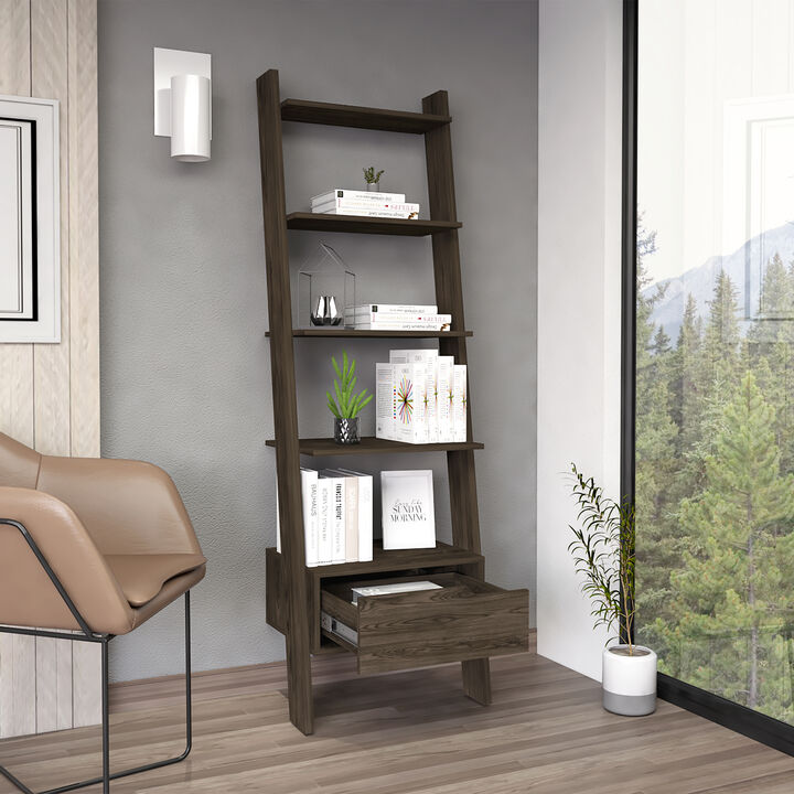 DEPOT E-SHOP Kobe Ladder Bookcase, One Drawer, Five Open Shelves, Dark Walnut