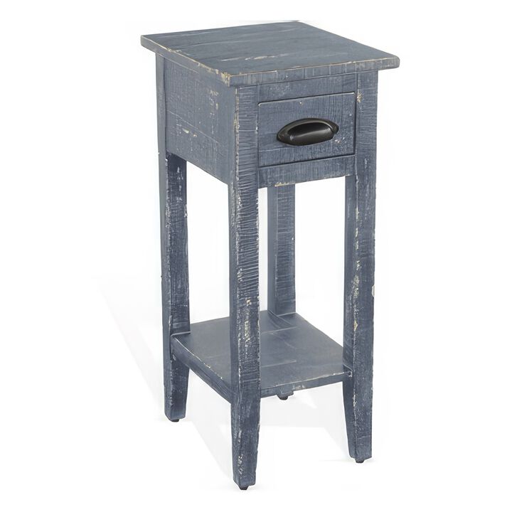 Rena Chairside Table with Drawer and Shelf, 14 Inch Blue Mahogany Wood - Benzara
