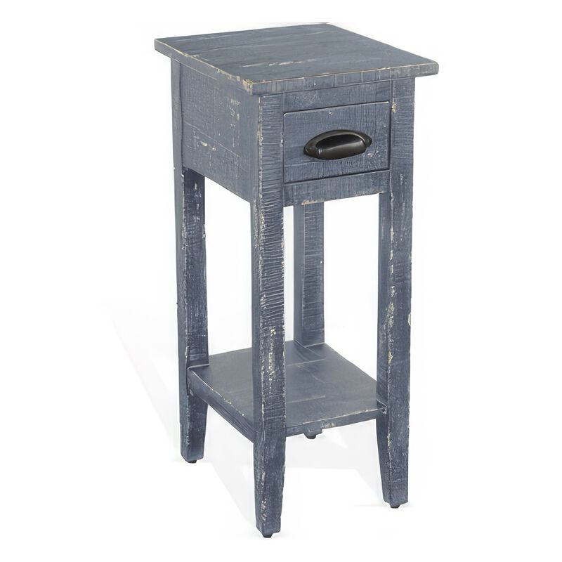 Rena Chairside Table with Drawer and Shelf, 14 Inch Blue Mahogany Wood - Benzara