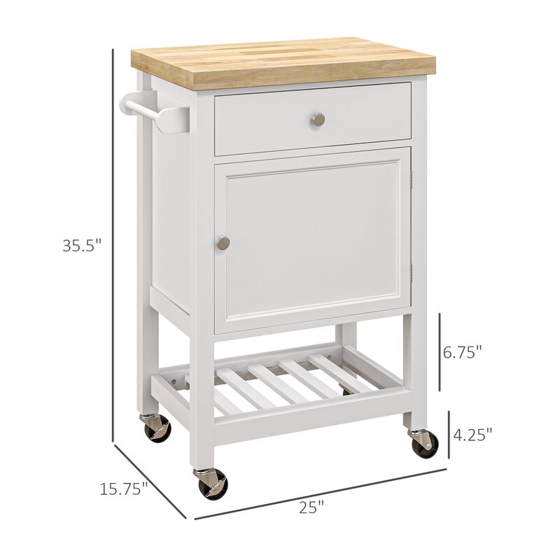 White Kitchen Cart: Rubberwood Top, Wine Rack, Wheeled