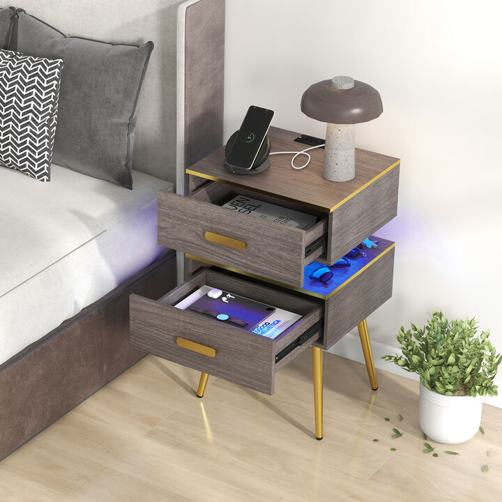 Nightstand Sofa Side Tables with Charging Station and 2 Drawers and LED lights-Grey